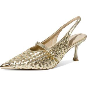 Women's Gold Stiletto Closed Pointed Toe Buckle Strap Elegant Stylish Pumps